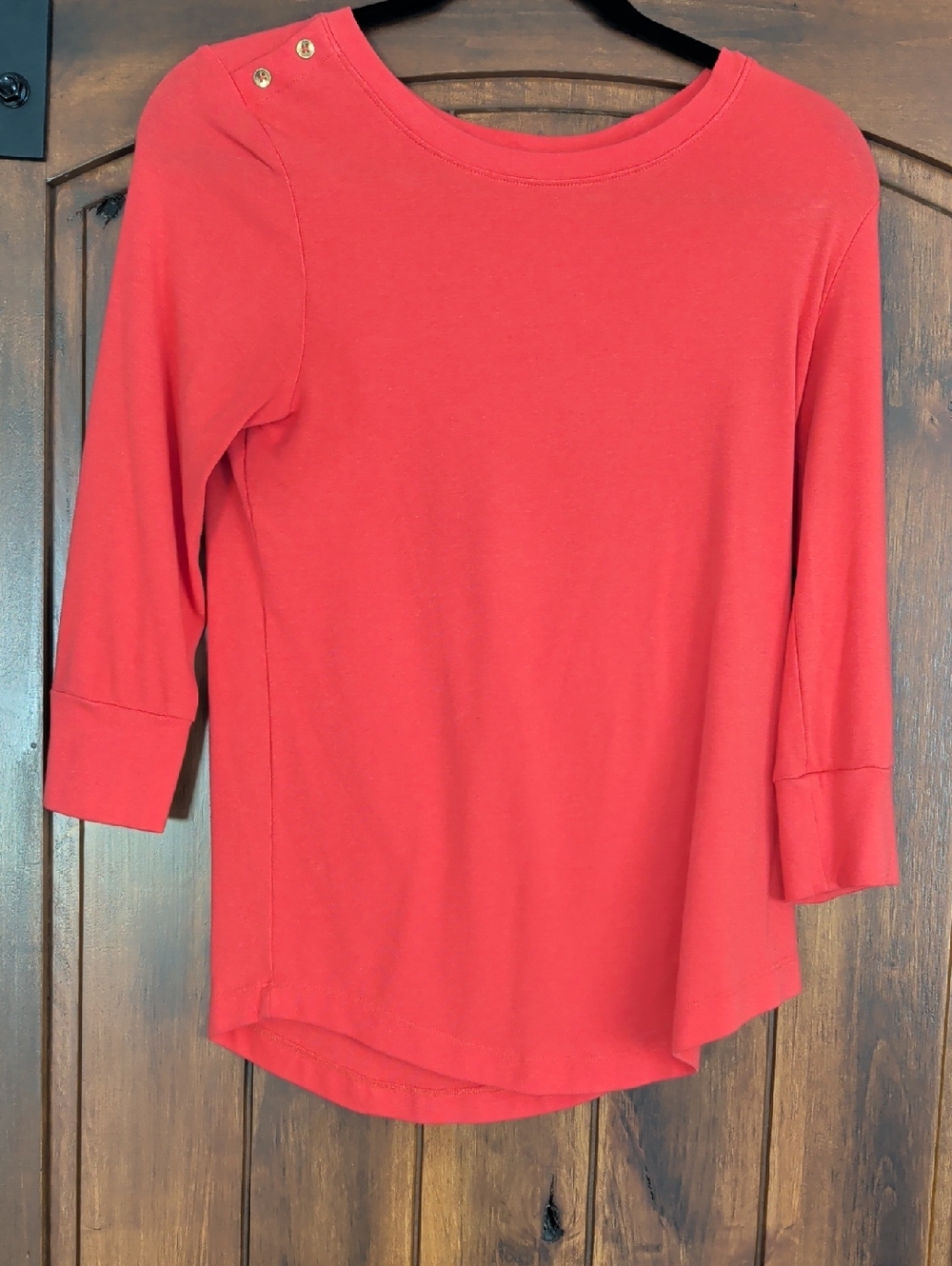 Carole Little Coral-Red 3/4 Sleeve Boatneck Top with Shoulder Buttons